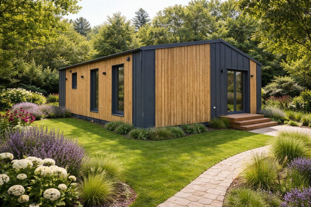 Großzügiges Mobilheim als Bungalow der DUPLEX-Serie mit anthrazitfarbenen Elementen, umgeben von blühendem Lavendel und Hortensien.