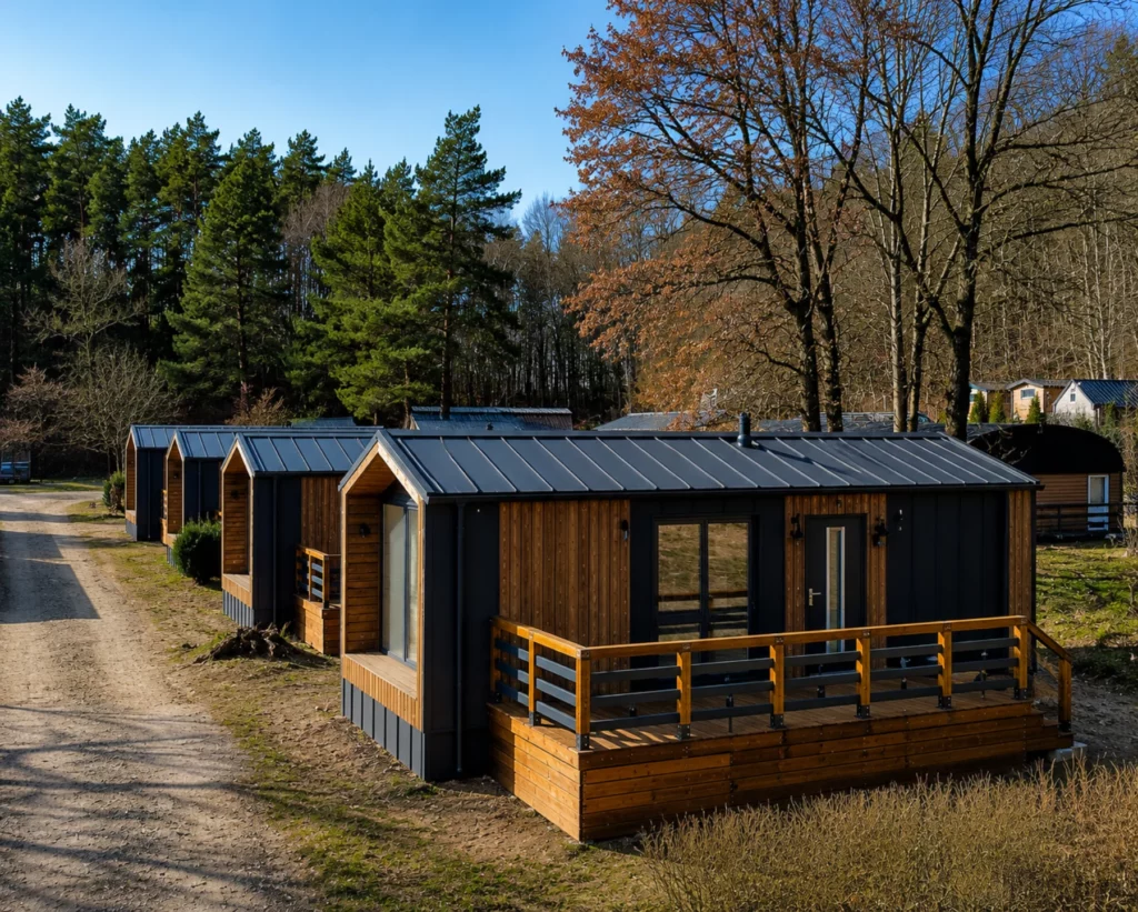 Mehrere moderne Mobilheime mit Holzfassade und anthrazitfarbenem Dach in einer Reihe vor einer idyllischen Waldkulisse bei Sonnenschein.