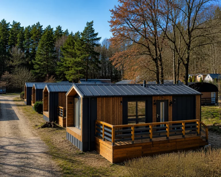 Mehrere moderne Mobilheime mit Holzfassade und anthrazitfarbenem Dach in einer Reihe vor einer idyllischen Waldkulisse bei Sonnenschein.