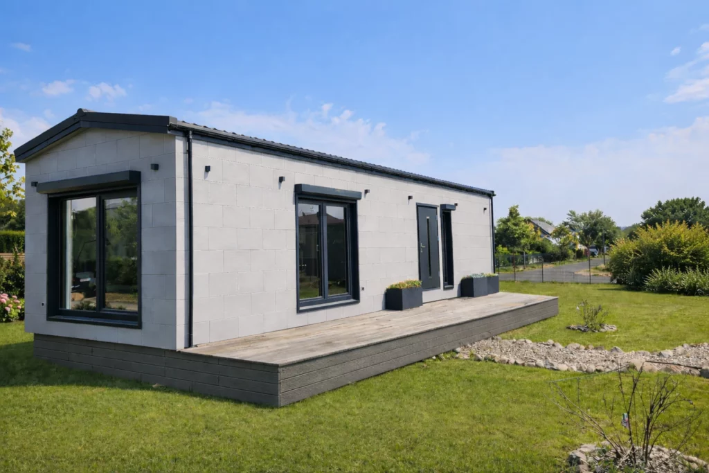 Modernes Mobilheim mit einer pflegeleichten Fassade in hellgrauer Steinoptik, dunklen Fensterrahmen und einer Holzterrasse bei Sonnenschein.