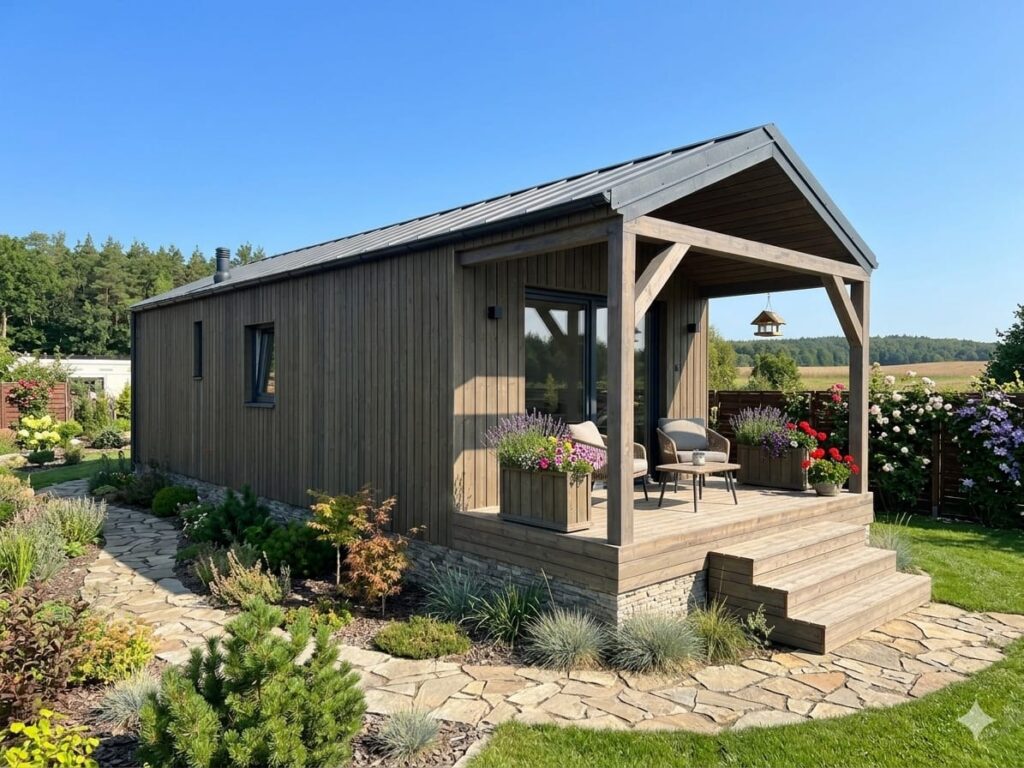 Modernes Compact Haus Mobilheim mit Holzfassade und Terrasse im Unger Park besichtigen