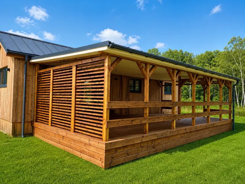Massive Terrassenüberdachung aus Holz mit Lamellen-Sichtschutz an einem Compact Haus Mobilheim auf einer gepflegten Rasenfläche vor einer Waldkulisse.
