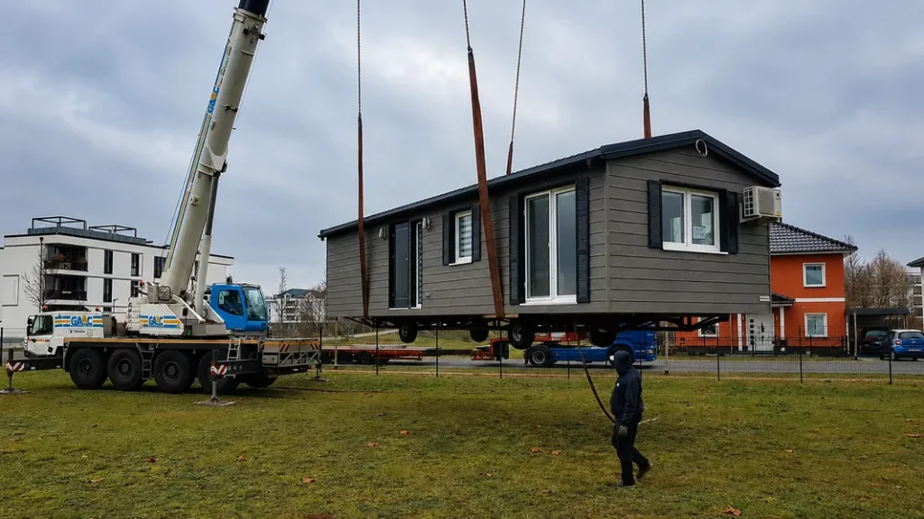 Ein schlüsselfertiges Mobilheim von Compact Haus schwebt während der Anlieferung an einem großen Mobilkran über einem Grundstück in einem Wohngebiet.
