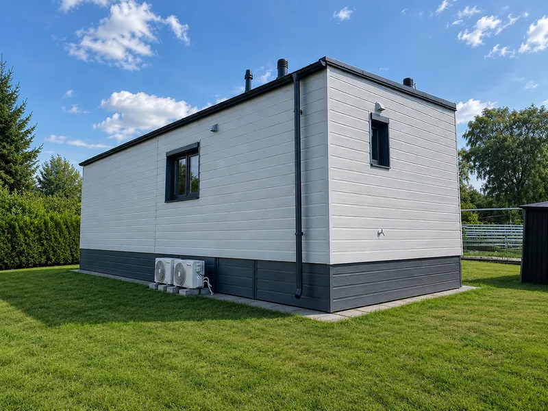 Modernes schlüsselfertiges Mobilheim von Compact Haus mit einer dunkelgrauen Unterbauverkleidung auf einer perfekt gepflegten Rasenfläche unter blauem Himmel.