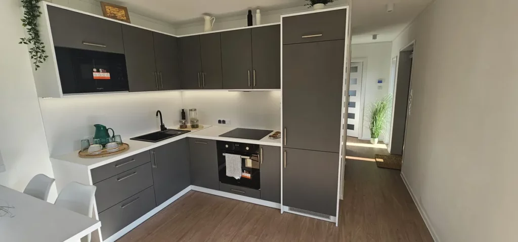 Moderne L-Küche in einem Tiny House der MONO-Serie von Compact Haus mit matten anthrazitfarbenen Fronten, weißer Arbeitsplatte und einer integrierten Mikrowelle.